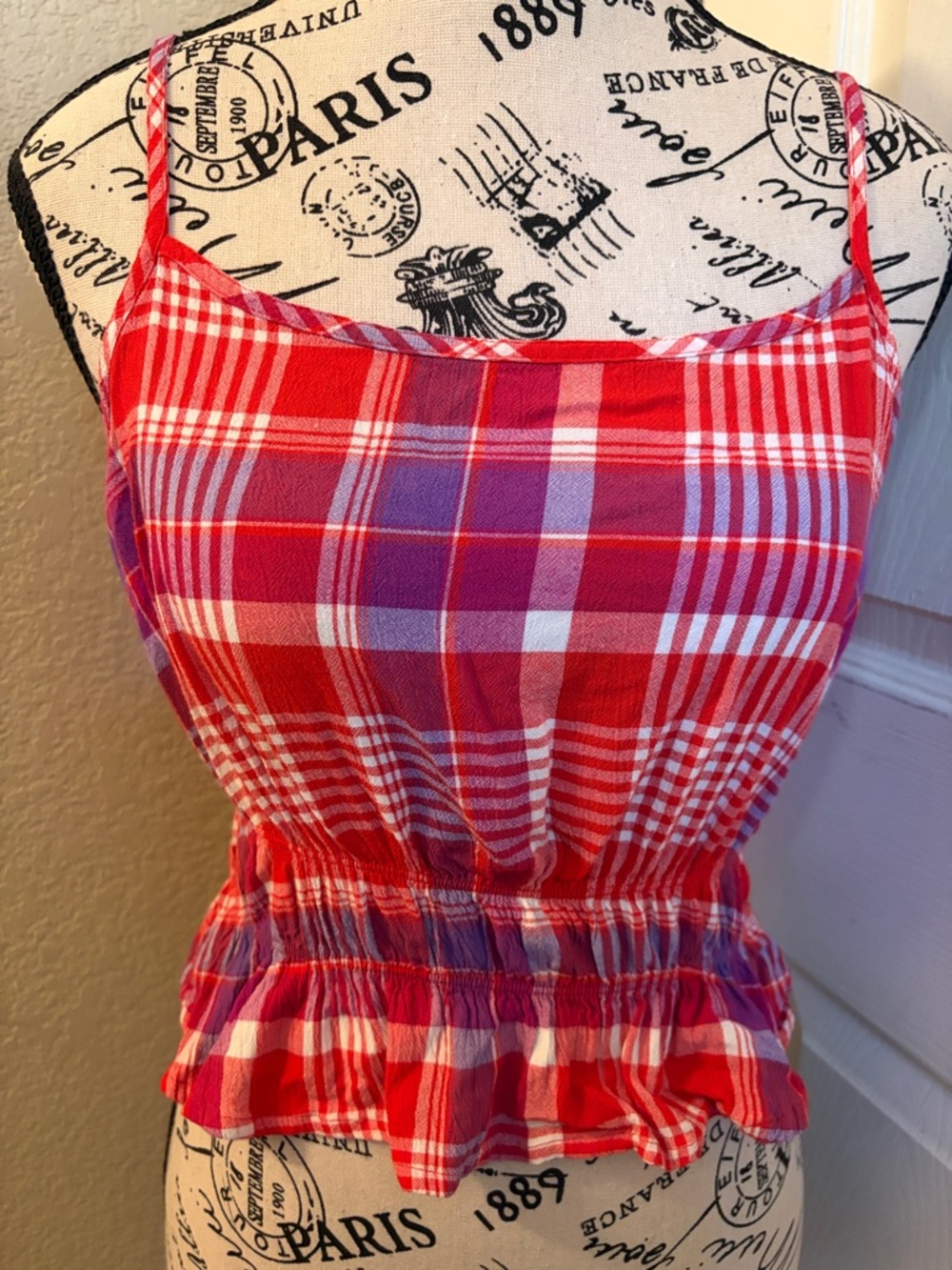 Red & Purple Plaid Smocked Waist Cami Top